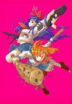  2girls assault_rifle baseball_bat blue_hair blue_skirt bow commentary_request gun handgun headband highres holding holding_baseball_bat holding_gun holding_weapon multiple_girls nail_(hardware) nail_bat neckerchief orange_hair pink_background pipimi pleated_skirt poptepipic popuko red_bow red_neckerchief rifle school_uniform shirt simple_background skirt sutaneko twintails weapon white_shirt 