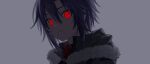  1girl black_hair commentary_request crazy_eyes glowing glowing_eyes grey_background hair_between_eyes highres idolmaster idolmaster_(classic) idolmaster_million_live! idolmaster_million_live!_theater_days kikuchi_makoto kikuchi_makoto_(violent_desire) looking_at_viewer official_alternate_costume official_alternate_eye_color parted_lips portrait red_eyes short_hair simple_background solo vickyycy99 