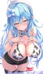  absurdres ahoge animal_print asktyuni bangs bikini bikini_top_only blue_hair blue_nails blush braid breasts colored_tips cow_print elf hair_between_eyes hair_ornament hands_on_own_chest heart heart_ahoge highres hololive large_breasts long_hair looking_at_viewer multicolored_hair neck_ribbon pointy_ears ribbon short_shorts shorts simple_background snowflake_hair_ornament snowflake_print streaked_hair swimsuit thighhighs very_long_hair virtual_youtuber white_headwear yellow_eyes yukihana_lamy 