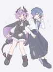  2boys arm_up belt beret black_boots black_jacket black_pants black_ribbon black_shorts black_socks black_tank_top black_vest blue_belt blue_cape blue_eyes blue_hair blue_hat blue_ribbon blunt_ends blush boots cape clenched_hand collared_shirt commentary_request crossed_bangs dragon_boy dragon_horns dragon_tail durin_(genshin_impact) durin_(impression)_(genshin_impact) frills full_body gem genshin_impact gold_necklace hair_between_eyes hand_on_headwear hat heart-shaped_gem highres horns jacket jellyfish_cut jewelry kikkoumon lapels long_sleeves looking_at_viewer male_focus missing_wings multiple_boys necklace nontan_4242 official_alternate_costume open_clothes open_jacket open_mouth pants pendant puffy_long_sleeves puffy_sleeves purple_hair purple_jacket red_eyes red_gem ribbon scaramouche_(genshin_impact) shirt short_hair shorts sidelocks simple_background smile socks sparkle tail tank_top tongue tongue_out two-sided_fabric two-sided_jacket vest wanderer_(genshin_impact) wanderer_(impression)_(genshin_impact) white_background white_shirt wrist_cuffs 
