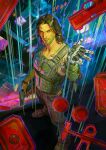  1boy boots brown_boots brown_pants cyberpunk_(series) cyberpunk_2077 dog_tags gun handgun helium_raven highres holding holding_gun holding_weapon johnny_silverhand looking_at_viewer mechanical_arms pants single_mechanical_arm solo weapon 