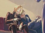  black_dress black_hair blonde_hair blue_dress chisan_(chisan_chishou) couch dress edward_elric fullmetal_alchemist highres interlocked_fingers jacket laughing red_jacket roy_mustang sleeping 