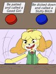  animal_crossing anthro bell blue_button blush bodily_fluids breasts butt canid canine canis choice clothing domestic_dog drooling english_text fangs female fur good_girl happy_harvey hi_res imminent_sex isabelle_(animal_crossing) mammal motion_lines nintendo phone_drawing pressing_button profanity red_butt ribbons saliva shirt small_breasts solo text topwear vest video_games yellow_body yellow_fur 
