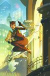  1girl banknote batman_(series) black_bodysuit bodysuit building cat catwoman city commentary dc_comics english_commentary grey_cat highres holding jewelry money outdoors painting_(object) red_lips scott_forbes selina_kyle skyscraper solo 