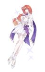  1girl arm_warmers bow breasts cleavage clenched_hands coattails commentary dress full_body hair_between_eyes hair_ornament high_heels highres honkai_(series) honkai_impact_3rd layered_clothes leg_warmers long_hair orange_hair purple_eyes ribbon sash senadina senadina_(cocoon_of_unwoven) seodam300 smile solo tailcoat thigh_strap untranslatable_commentary very_long_hair white_arm_warmers white_background white_dress white_leg_warmers 