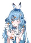  1girl absurdres animal_ears arahashi_tabi blue_bow blue_eyes blue_hair blush bow breasts cleavage frills gloves hair_bow hair_ornament heart heart_hair_ornament highres index_finger_raised kimbird looking_at_viewer medium_breasts one_eye_closed rabbit_ears smile stellive virtual_youtuber white_background white_gloves 