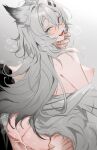  1boy 1girl alternate_breast_size_(larger) animal_ears arknights ass blue_eyes breasts censored commentary commission completely_nude doctor_(arknights) grey_hair hetero highres lappland_(arknights) large_breasts long_hair looking_at_viewer male_doctor_(arknights) mosaic_censoring nipples nonoyama nude pubic_hair scar scar_across_eye scar_on_face sex sex_from_behind skeb_commission tail very_long_hair wolf_ears wolf_girl wolf_tail 