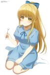  1girl absurdres anifar_inc. anime_coloring ankle_socks artist_name blonde_hair blue_bow blue_dress blunt_bangs bow closed_mouth copyright_name copyright_notice dress full_body hair_bow highres holding long_hair long_sidelocks looking_at_viewer magazine_scan megami_magazine mimikaki no_shoes official_art otonari_no_tenshi-sama_ni_itsu_no_mani_ka_dame_ningen_ni_sarete_ita_ken ponytail puffy_short_sleeves puffy_sleeves scan shiina_mahiru_(otonari_no_tenshi-sama) short_sleeves sidelocks simple_background sitting smile socks solo third-party_source very_long_hair wariza white_background white_socks yellow_eyes 