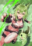  1girl animal_ear_fluff animal_ears black_gloves bra breasts brown_bra cleavage collar crocodile_girl fingerless_gloves fishnet_top fishnets gloves green_eyes green_hair hair_between_eyes highres indie_virtual_youtuber kunai large_breasts mole mole_under_each_eye mole_under_eye multiple_moles nekodacha open_mouth pouch rynxryn sharp_teeth short_hair shorts single_fishnet_legwear solo spiked_belt spiked_collar spikes teeth thigh_pouch thighs underwear virtual_youtuber weapon 