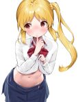  blonde_hair blue_skirt blush bocchi_the_rock! bow bowtie finger_to_mouth hair_ornament hair_scrunchie ijichi_nijika index_finger_raised k_mugura long_hair long_sleeves looking_to_the_side midriff navel red_bow red_bowtie red_eyes scrunchie shirt side_ponytail skirt stomach white_shirt yellow_scrunchie 