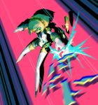  1girl aigis_(persona) android black_ribbon blonde_hair blurry bullet closed_mouth commentary_request depth_of_field drop_shadow full_body green_eyes hairband highres leotard motion_lines o_(moldgreen) persona persona_3 ribbon ringed_eyes robot_girl solo white_leotard 