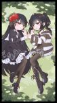  2girls b_uwa_13 black_dress black_hair black_pantyhose black_shoes boots bow closed_mouth dress flower full_body green_eyes grey_eyes hair_bow hair_flower hair_ornament holding_hands jacket juliet_sleeves kurobe_nanoka lace-up_boots long_hair long_sleeves looking_at_another lying mahou_shoujo_no_majo_saiban multiple_girls nikaido_hiro pantyhose puffy_sleeves red_eyes red_flower shoes smile striped_clothes striped_jacket twintails very_long_hair yuri 