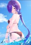  1girl ass bikini black_bikini blue_sky breasts cloud commentary_request crescent crescent_earrings earrings hair_over_one_eye hand_on_own_arm highres jewelry long_hair looking_at_viewer medium_breasts outdoors parted_lips promeia_(zenless_zone_zero) purple_eyes purple_hair purple_nails sky solo swimsuit uixy wading water wet zenless_zone_zero 