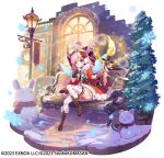  1girl ahoge ass belt bench black_hairband blue_eyes blue_halo blue_wings boots brown_boots brown_gloves christmas company_name copyright_notice earmuffs feniel_(twinkle_star_knight) flower_hairband fur-trimmed_jacket fur_trim gloves gradient_halo hairband halo head_wings heterochromia highres holding holding_torch jacket lamppost long_hair multicolored_halo official_alternate_costume pink_hair pink_wings red_jacket sitting snow snowman socks solo torch tree twinkle_star_knights very_long_hair white_socks wings yellow_eyes yellow_halo yuuki_yuu 