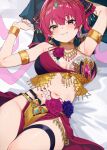  1girl armlet bed_sheet belly_chain bracelet breasts breasts_apart chain closed_mouth commentary_request cowboy_shot dancer dutch_angle flower forehead_jewel gold_armlet gold_bracelet gold_chain groin hair_ribbon harem_outfit heterochromia highres hololive houshou_marine how_about_paipai_mask?_(houshou_marine) jewelry kinoshita_niko large_breasts long_hair lying medium_hair neck_ring necklace official_alternate_costume on_back pelvic_curtain red_eyes red_hair red_loincloth red_ribbon ribbon solo thigh_strap twintails virtual_youtuber yellow_eyes 