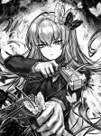  1girl an233gle angela_(project_moon) black_butterfly bug butterfly butterfly_hair_ornament closed_mouth dual_wielding e.g.o_(project_moon) gloves greyscale gun hair_between_eyes hair_ornament handgun highres holding holding_gun holding_weapon jacket library_of_ruina long_hair long_sleeves looking_at_viewer monochrome project_moon solemn_lament_(e.g.o) solo spot_color upper_body weapon white_butterfly yellow_eyes 