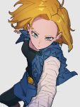  1girl android_18 black_pants black_shirt blonde_hair blue_jacket blue_shorts denim denim_shorts dragon_ball dragon_ball_z earrings grey_background jacket jewelry kemachiku long_sleeves looking_at_viewer open_clothes open_jacket pants shirt short_hair shorts simple_background solo white_sleeves 