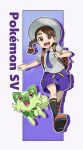  1girl :d backpack bag black_socks braid breast_pocket brown_bag brown_eyes brown_footwear brown_hair commentary_request copyright_name eyelashes grey_headwear hat holding_strap juliana_(pokemon) knees mabu_(dorisuto) necktie open_mouth pocket pokemon pokemon_(creature) pokemon_(game) pokemon_sv purple_necktie purple_shorts shirt shoes short_sleeves shorts smile socks sprigatito teeth tongue upper_teeth 