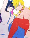  2girls arm_behind_head armpit_crease armpits bikini blonde_hair blue_hair blue_thighhighs blunt_bangs breasts choker closed_mouth commentary covered_nipples earrings eyelashes hair_between_eyes highres hoop_earrings jewelry kinkychanart large_breasts long_hair micro_bikini multiple_girls navel panty_&amp;_stocking_with_garterbelt panty_(psg) pink_hair pout red_thighhighs ringed_eyes simple_background slingshot_swimsuit smile smirk spiked_choker spikes stocking_(psg) swimsuit thick_thighs thighhighs thighs white_background 
