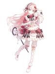  1girl absurdres alternate_costume arcaea bib black_bow black_bowtie boots bow bow_flower bowtie cane capelet closed_mouth dress dress_bow frilled_capelet frilled_dress frilled_sleeves frills full_body green_eyes hair_ornament highres holding holding_cane kou_(arcaea) lace-up_boots lolita_fashion long_hair long_sleeves looking_at_viewer pia_nano pink_hair red_dress simple_background smile solo standing thigh_boots watermark watermark_grid white_background white_headdress wide_sleeves x_hair_ornament 