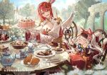  2girls :3 angel_wings animal_ears arch_bishop_(ragnarok_online) bell bon_bon breasts brown_eyes butter cake capelet cat_ears cat_girl cat_tail chair cheese cheese_wheel chocolate-covered_food chocolate_strawberry cleavage cleavage_cutout clothing_cutout commentary_request commission copyright_name copyright_notice croissant cross dress ear_covers eating fake_wings flower food fork full_body hair_flower hair_ornament highres holding holding_fork jingle_bell juliet_sleeves knife lamppost large_breasts long_hair long_sleeves looking_at_another multiple_girls open_mouth outdoors pudding puffy_sleeves purple_capelet ragnarok_online red_dress red_flower red_hair red_rose rose sandwich sash short_hair simty_(lemon_ginger) sitting skeb_commission smile steak sugar_cube summoner_(ragnarok_online) table tail tea teapot tiered_tray tree two-tone_dress upper_body white_dress white_wings wings yellow_sash 