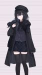  1girl bag black_bag black_coat black_hair black_hat black_ribbon black_shirt black_skirt black_thighhighs black_vest coat collared_shirt grey_eyes hat highres kurobe_nanoka light_blush long_hair mahou_shoujo_no_majo_saiban neck_ribbon open_clothes open_coat plaid_clothes plaid_ribbon plaid_skirt ribbon shirt shoulder_bag skirt solo thighhighs twintails vest yun_cao_bing 