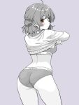  1girl ahoge ass blush bra breasts clothes_lift commentary_request cowboy_shot from_behind gakuen_idolmaster grey_background greyscale_with_colored_background hair_bun hanami_ume highres idolmaster katachi_no_ue lifting_own_clothes long_sleeves looking_at_viewer looking_back medium_breasts monochrome no_pants panties short_hair simple_background single_side_bun solo spot_color standing sweater sweater_lift thighs underwear undressing yellow_eyes 