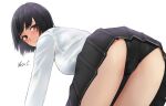  1girl all_fours amagami black_hair black_one-piece_swimsuit black_skirt collared_shirt dress_shirt feet_out_of_frame grey_panties kibito_high_school_uniform long_sleeves looking_at_viewer looking_back nanasaki_ai one-piece_swimsuit panties school_uniform shirt short_hair signature simple_background skirt solo swimsuit swimsuit_under_clothes underwear white_background white_shirt yoo_tenchi 