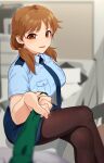  1girl blue_necktie blurry breast_pocket breasts brown_eyes brown_hair brown_pantyhose collared_shirt crossed_legs depth_of_field green_necktie hair_over_shoulder highres idolmaster idolmaster_cinderella_girls indoors kamille_(vcx68) katagiri_sanae large_breasts long_hair necktie necktie_grab neckwear_grab pantyhose pencil_skirt pocket police police_uniform policewoman pov reaching_towards_viewer shirt short_twintails sitting skirt smile twintails uniform 