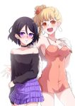  2girls bare_shoulders black_hair black_shirt black_sweater blonde_hair blush braid breasts closed_mouth dress earrings flower fur_trim hair_flower hair_ornament hairclip highres jewelry kateil_(lusan666) levana_violette_(lusan666) long_sleeves lusan666 multiple_girls open_mouth orange_dress orange_eyes original ponytail purple_eyes purple_skirt rose shirt short_hair skirt small_breasts sweater white_background 