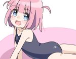  1girl :d ass bangs bare_shoulders black_one-piece_swimsuit blue_eyes blush_stickers bocchi_the_rock! collarbone commentary_request gotou_futari highres kapuru_0410 looking_at_viewer looking_to_the_side pink_background pink_hair school_swimsuit smile solo swimsuit two-tone_background two_side_up white_background 