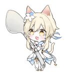  1girl animal_ears blonde_hair blue_feathers blue_flower blue_trim blush breasts cat_ears cat_girl cat_tail chibi chibi_only cleavage detached_sleeves dress fang feather_hair_ornament feathers flower full_body genshin_impact gold_shoes gold_trim gradient_feathers hair_between_eyes hair_flower hair_ornament halterneck holding holding_spoon kusa_013yyds leggings looking_to_the_side lumine_(genshin_impact) medium_dress multicolored_feathers multicolored_flower open_mouth scarf shoes short_hair short_hair_with_long_locks sidelocks small_breasts solo spoon star_ornament tail tareme vambraces white_background white_dress white_feathers white_flower white_leggings white_scarf white_sleeves yellow_eyes yellow_tail 