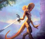  agamid anthro digitigrade frill_(anatomy) frilled_lizard hi_res holding_object holding_weapon jean_de_la_muyre klongi lizard looking_at_viewer male melee_weapon membrane_(anatomy) membranous_frill nude nude_male orange_body orange_scales rapier reptile scales scalie simple_background smile solo sword tasteful_nudity warrior weapon yellow_body yellow_scales 