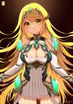  1girl bangs bare_legs bare_shoulders blonde_hair breasts chest_jewel chinchongcha cleavage cleavage_cutout clothing_cutout dress earrings elbow_gloves gloves highres jewelry large_breasts long_hair mythra_(xenoblade) short_dress solo swept_bangs tiara very_long_hair white_dress white_gloves xenoblade_chronicles_(series) xenoblade_chronicles_2 yellow_eyes 