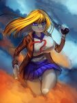  2022 3:4 anna_(sailoranna) anthro big_breasts blonde_hair blue_bottomwear blue_clothing blue_eyes blue_skirt bottomwear breasts clothing digital_media_(artwork) equid female general-irrelevant grey_body gun hair hi_res holding_gun holding_object holding_shotgun holding_weapon jacket looking_at_viewer mammal ranged_weapon skirt smoke solo topwear weapon 