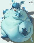  2022 ambiguous_gender belly belly_overhang bellylliumu big_belly blue_body blue_eyes blue_sclera blush bodily_fluids cute_fangs double_chin eeveelution embarrassed fat_rolls feral flabby_arms full-length_portrait generation_4_pokemon glaceon glistening gloves_(marking) hi_res huge_thighs hyper hyper_belly japanese_text looking_at_viewer lying markings morbidly_obese morbidly_obese_feral motion_lines nintendo obese obese_feral on_ground on_side open_mouth oruka0827 overweight overweight_feral pokemon pokemon_(species) portrait simple_background solo sound_effects sweat text thick_arms thick_thighs video_games 