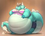  2018 abthegreat anthro belly belly_overhang big_belly big_moobs blue_body bottomwear chubby_cheeks clothing dragon empty_bottle expansion full-length_portrait fur furred_dragon hand_on_stomach hat hawke_(silverhawke) head_wings headgear headwear hyper hyper_belly looking_at_self male moob_grab moobs morbidly_obese motion_lines neck_tuft obese overweight pants portrait potion shirt simple_background smile solo standing tail_tuft thick_arms thick_tail thick_thighs tight_clothing tongue tongue_out topwear torn_clothing tuft weight_gain white_body white_fur wings 