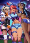  3girls ;d abs absurdres armlet ass asymmetrical_docking bangs bea_(pokemon) belly_chain bike_shorts black_bodysuit black_hair black_hairband blonde_hair blue_eyes blue_eyeshadow blue_gloves blue_jacket blue_shorts bodysuit bodysuit_under_clothes bow_hairband breast_press breasts commentary_request covered_abs cropped_jacket dark-skinned_female dark_skin earclip earrings eyeshadow gloves hair_between_eyes hair_bun hair_ornament hairband highres holding hoop_earrings jacket jewelry knee_pads large_breasts long_hair makeup medium_breasts midriff multicolored_hair multiple_girls navel nessa_(pokemon) one_eye_closed one_side_up open_mouth pokemon pokemon_(game) pokemon_bw pokemon_swsh print_shirt print_shorts red_hair shirt short_hair short_hair_with_long_locks short_shorts short_sleeves shorts side_slit side_slit_shorts sidelocks single_hair_bun sky skyla_(pokemon) smile stadium thigh_pouch toin_(koto54576897) turtleneck two-tone_hair 
