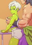  1boy 1girl ass biceps breast_grab breasts broly_(dragon_ball_super) bulge cheelai colored_skin dragon_ball dragon_ball_super dragon_ball_super_broly erection erection_under_clothes gigaslime grabbing green_skin grinding head_out_of_frame highres large_breasts muscular muscular_male pants pelt purple_pants scar short_hair short_shorts shorts white_hair 