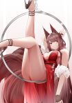  1girl absurdres akagi_(azur_lane) akagi_(ruby-laced_beauty)_(azur_lane) animal_ears ass azur_lane bare_legs breasts chain cleavage dress evening_gown feather_boa fox_ears fox_girl fox_tail grin high_heels highres hoop legs_up long_hair multiple_tails official_alternate_costume pelvic_curtain red_dress samip smile strappy_heels tail thighs v 