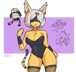  animal_crossing ankha_(animal_crossing) anthro bandage beauty_mark blindfold breasts bunny_costume cleavage clothed clothing cosplay costume dialogue domestic_cat ear_piercing egyptian_headdress felid feline felis female grey_hair group hair legwear log_(loggus_doggus) loggus_doggus lucky_(animal_crossing) machine male mammal markings mole_(marking) nier_automata nintendo piercing purple_background robot short_hair simple_background speech_bubble striped_markings striped_tail stripes tail_markings text thick_thighs thigh_highs trio video_games white_background wide_hips yorha_2b 
