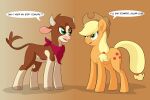  2019 2_horns absurd_res applejack_(mlp) arizona_cow_(tfh) black_eyebrows blonde_hair bovid bovine brown_body brown_fur brown_hair brown_tail cattle clothing cowboy_hat crossover cutie_mark dialogue digital_drawing_(artwork) digital_media_(artwork) duo earth_pony english_text equid equine eyebrows eyelashes female feral friendship_is_magic fur gradient_background green_eyes hair hasbro hat headgear headwear hereford_cattle hi_res hooves horn horse imminent_fight kerchief mammal multicolored_body multicolored_fur my_little_pony neckerchief open_mouth open_smile orange_body orange_fur pink_nose pony prange_fur quadruped red_kerchief red_neckerchief simple_background smile standing superabsurd_res talking_to_another tan_body tan_fur text them&#039;s_fightin&#039;_herds two_tone_body two_tone_fur yellow_tail 