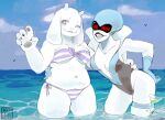  2girls beach belly bikini blue_lips breasts claws cocktail_glass cup deltarune drinking_glass fangs front-tie_bikini_top front-tie_top furry furry_female goat_girl goat_horns hand_on_hip highres holosericah horns leaning_forward leotard multiple_girls navel ocean partially_submerged plump queen_(deltarune) smile stomach striped striped_bikini swimsuit toriel undertale water 
