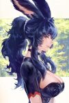  1girl animal_ear_fluff animal_ears avatar_(ff14) bangs black_hair breasts choker cleavage final_fantasy final_fantasy_xiv from_side highres kin_mokusei large_breasts lips looking_at_viewer looking_to_the_side mole mole_under_mouth parted_lips ponytail red_eyes sidelocks smile solo viera 