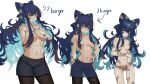  1girl ;) age_comparison aqua_eyes aqua_hair arm_behind_back ass_visible_through_thighs bandaid bandaid_on_arm bandaid_on_face bandaid_on_leg bangs bare_shoulders black_pantyhose blue_bow blue_eyes blue_hair blue_skirt blush bow breast_hold breasts breasts_apart closed_mouth collarbone colored_inner_hair comparison contrapposto covering covering_breasts cowboy_shot embarrassed groin hair_between_eyes hair_bow half-closed_eyes hand_on_hip highres large_breasts legs_apart long_hair looking_at_viewer medium_breasts miniskirt multicolored_hair navel one_eye_closed panties panties_under_pantyhose pantyhose pleated_skirt ribs see-through sidelocks simple_background size_comparison skinny skirt smile solo standing tomatolover16 topless touhou two-tone_hair underwear very_long_hair white_background yorigami_shion 