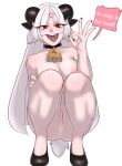  1girl absurdres animal_ears baphomet_(grizz) bell black_horns blush breasts demon_girl demon_horns english_text goat_horns gonzalocosta888 helltaker highres horns long_hair monster_girl neck_bell nude pussy red_eyes solo squatting white_hair 