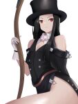  1other bare_shoulders black_hair gloves guilty_gear guilty_gear_strive hat highres other_focus red_eyes scythe serious straight_hair testament_(guilty_gear) thighs top_hat user_etvy5288 