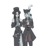  1girl 1other aconitum-acolyte ascot black_hair bloodborne blue_eyes coat crossover fingerless_gloves gloves guilty_gear guilty_gear_strive hat hat_feather highres lady_maria_of_the_astral_clocktower long_hair red_eyes skull tea testament_(guilty_gear) tricorne 