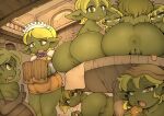  anus big_butt blonde_hair bread breasts butt eating female food genitals goblin green_body green_skin group hair hi_res humanoid noise_(artist) not_furry nude pussy 