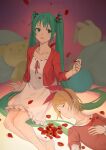  2girls aqua_eyes aqua_hair blonde_hair blurry blurry_background bow bow_hairband closed_eyes collarbone commentary dress falling_petals food-themed_hair_ornament fruit_hair_ornament hair_ornament hairband hand_on_own_chest hatsune_miku highres jacket kagamine_rin kurikaeshi_hitotsubu_(vocaloid) long_hair lying multiple_girls on_back parted_lips petals red_bow red_dress red_jacket sitting stuffed_animal stuffed_bunny stuffed_toy tearing_up teddy_bear twintails very_long_hair vocaloid white_dress wounds404 